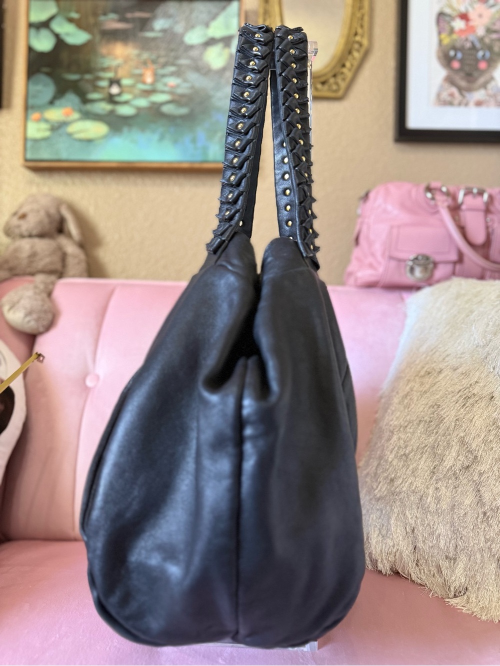 Authentic Diane Von Furstenburg SOFT Blk Leather Hobo Stud-Detail Origami Straps - Picture 2 of 16